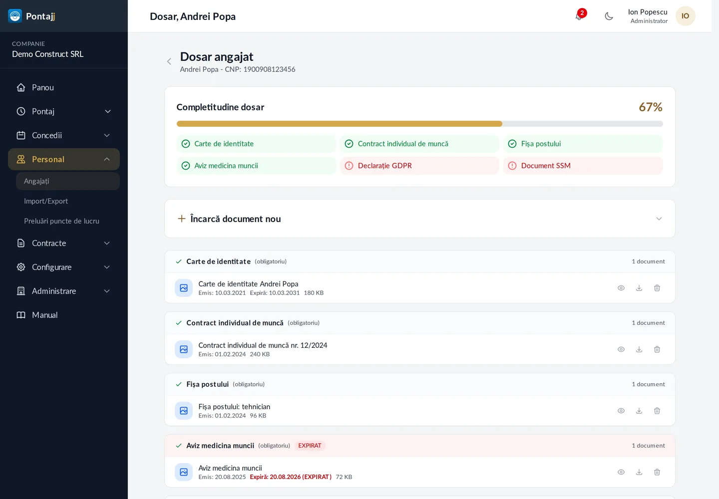 Dosarul unui angajat în Pontajj, cu documentele pe categorii și gradul de completare