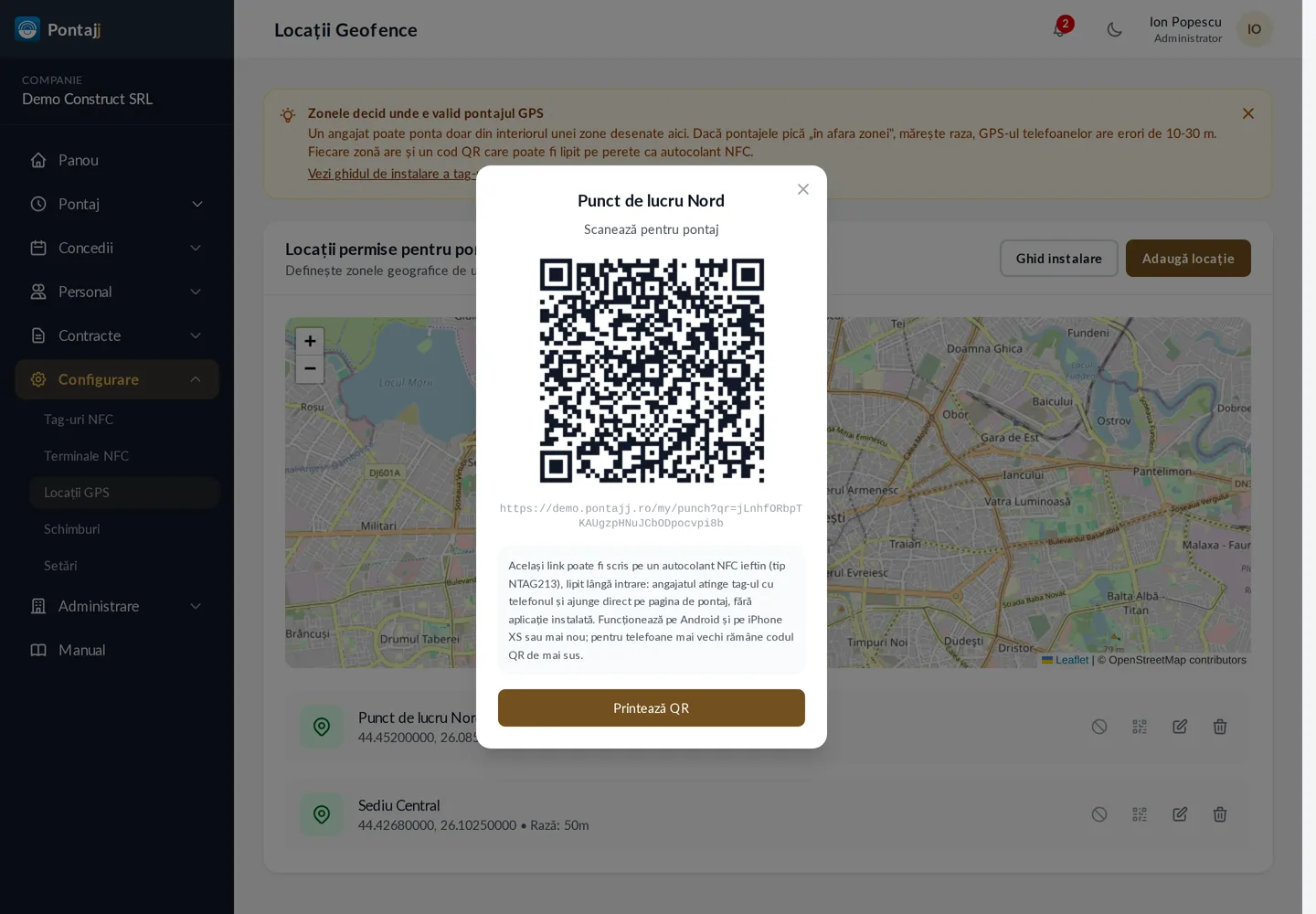 Fereastra cu codul QR al unui punct de lucru din Pontajj, cu linkul de pontare și butonul Printează QR