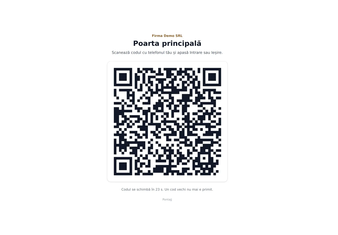 Tableta de la intrare cu codul QR rotativ al locației, în Pontajj